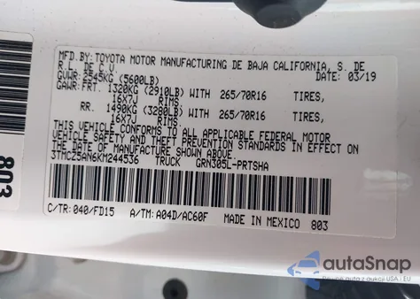 2019 Toyota Tacoma Trd Sport из США, поврежденный, VIN 3TMCZ5AN6KM244536